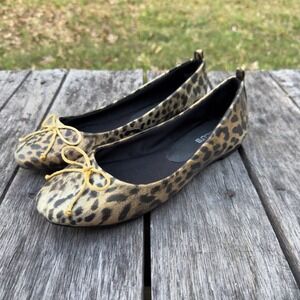 Chicos Womens Leopard Print Ballet Flats Yellow Bow Detail Animal Print Size 8M